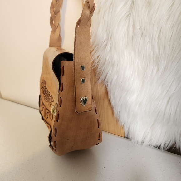 Vintage 1970s Tooled Acorn Leather Shoulder Bag Purse Boho Hippie Festival 70s - Picture 5 of 13